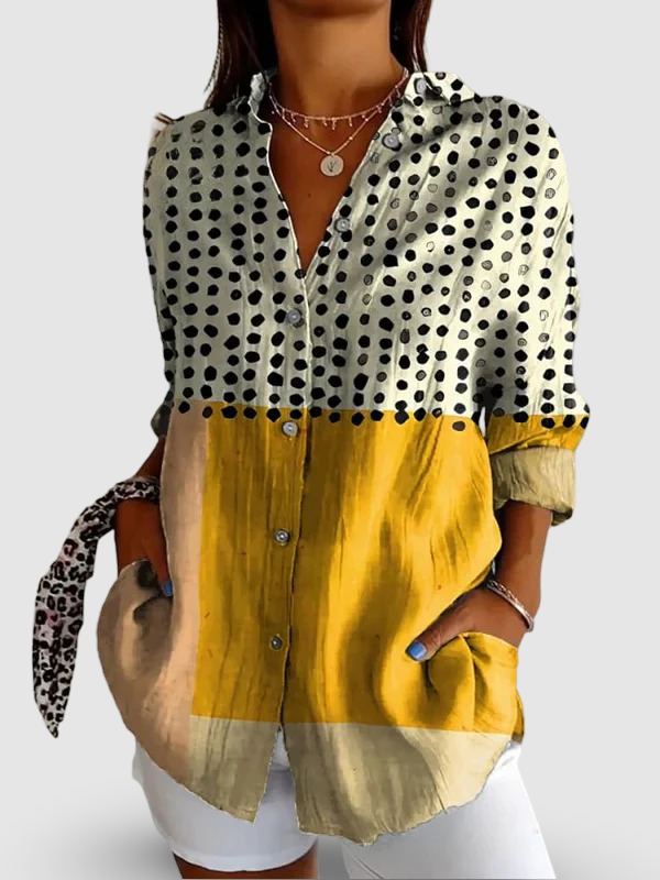 Women's Yellow Color-blocked Dots Print || Casual Shirt