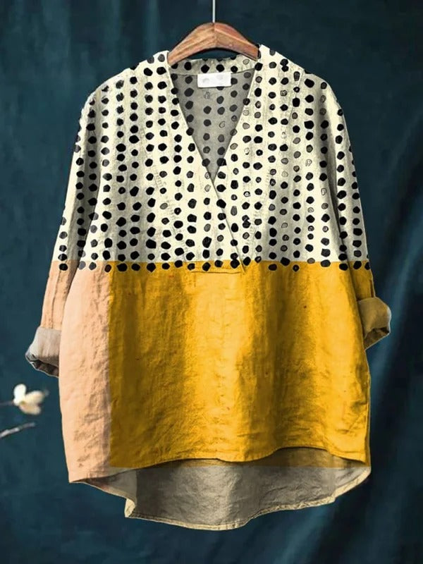 Women's Yellow Color-blocked Dots Print || Casual Shirt