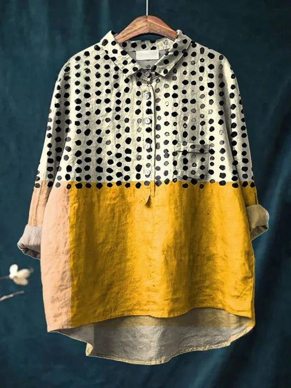 Women's Yellow Color-blocked Dots Print || Casual Shirt