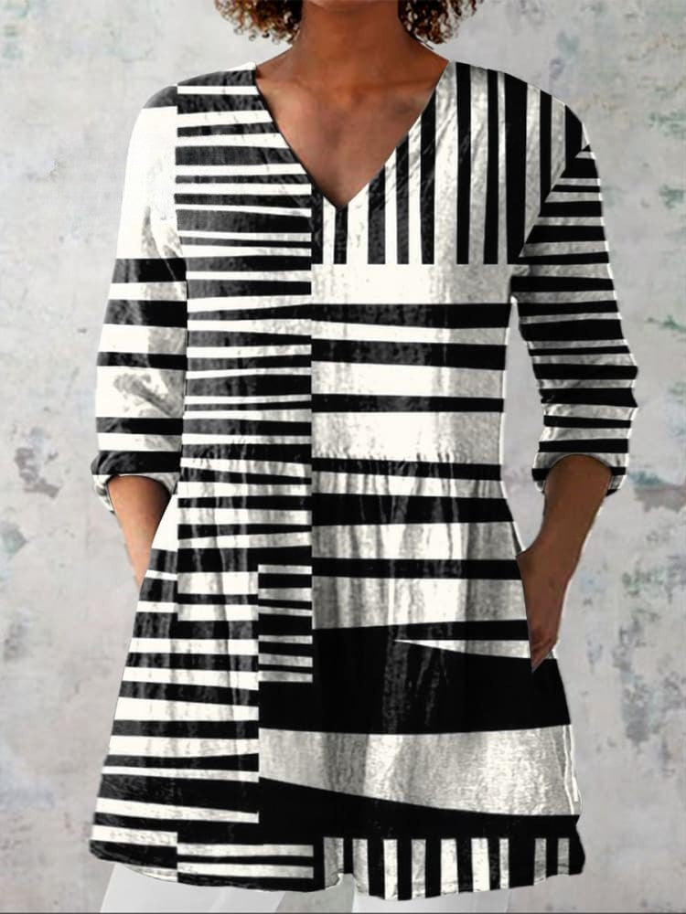 Abstract Strip Pattern Printed Women's Casual Linen V-Neck Shirt