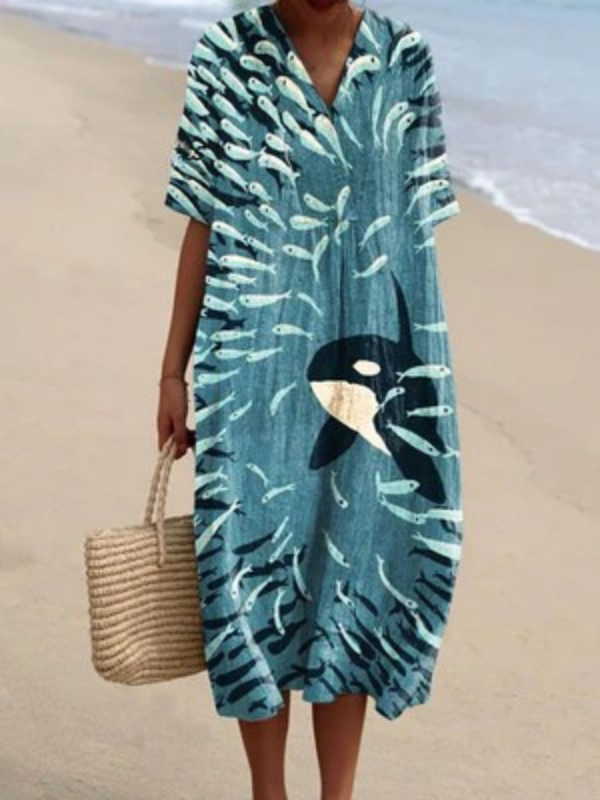 Women's Vintage Fish Killer Whale Art Print Flowy Dress