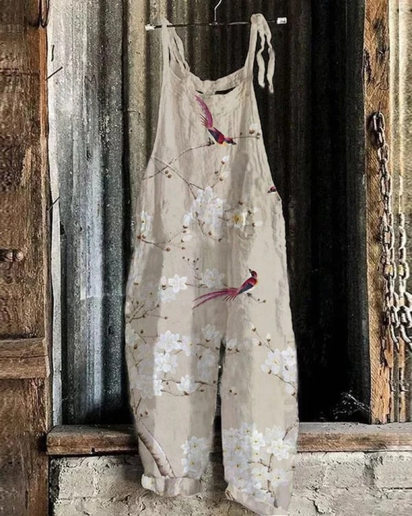 Flower Birds Landscape Art Retro Jumpsuit