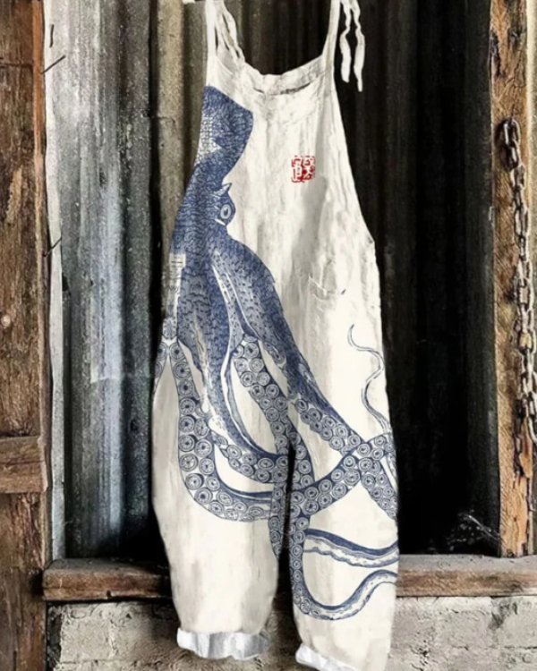 Women's Octopus Art Print Casual Wide Leg Jumpsuit