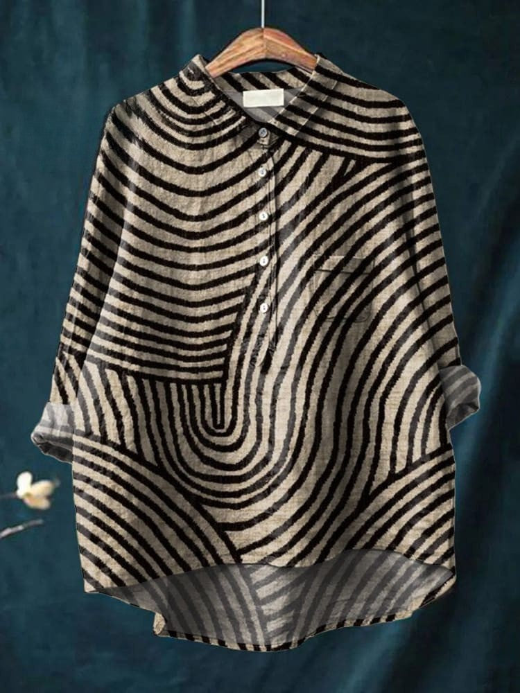 Women's Circular Line Pattern Print Casual Cotton And Linen Shirt