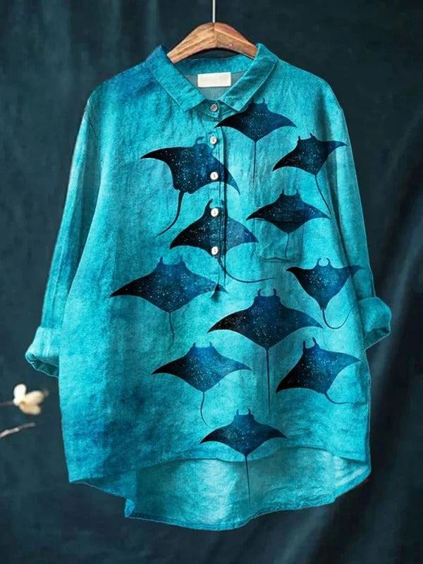 Women's Vintage Manta Rays Art Print || Casual Shirt